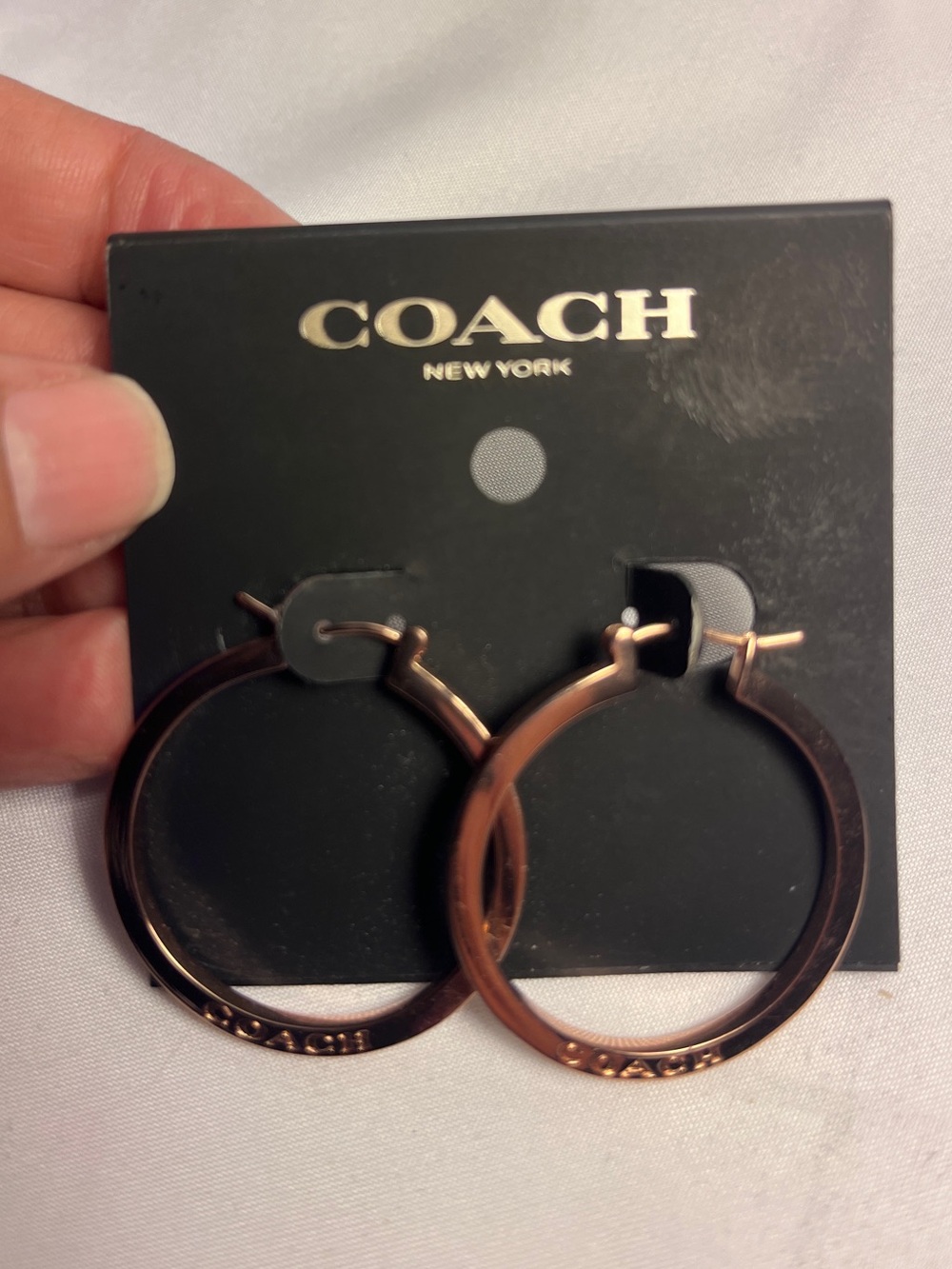 COACH New York Flat Edge Rose Gold Tone Hoop Earrings Engraved Logo NWT